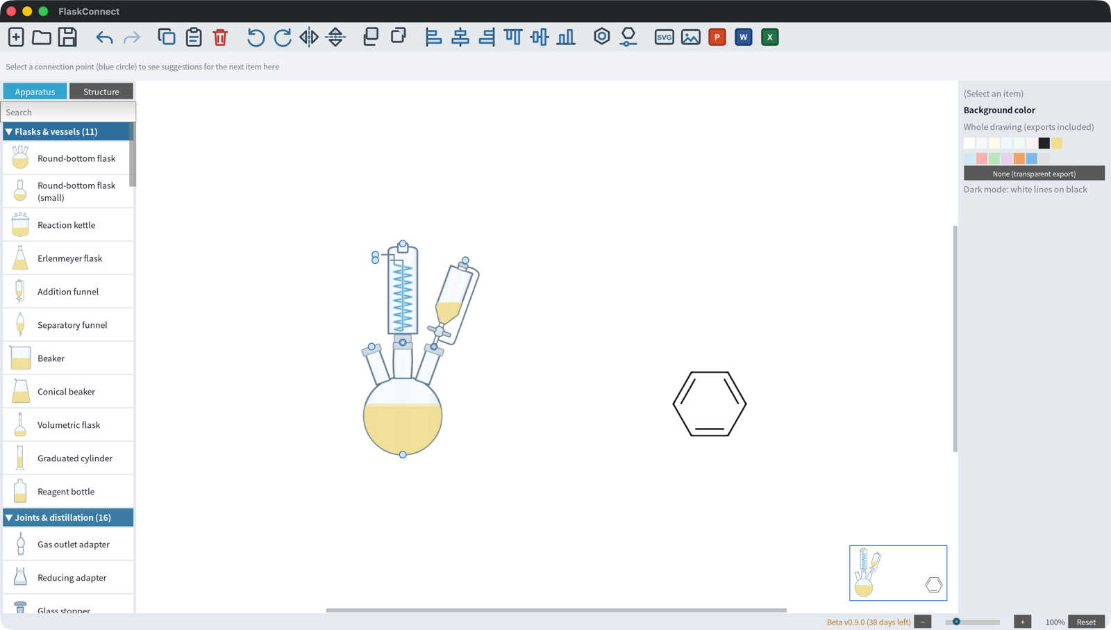 The FlaskConnect window: a three-neck flask with a condenser and an addition funnel connected to it, next to a benzene structure, on one canvas