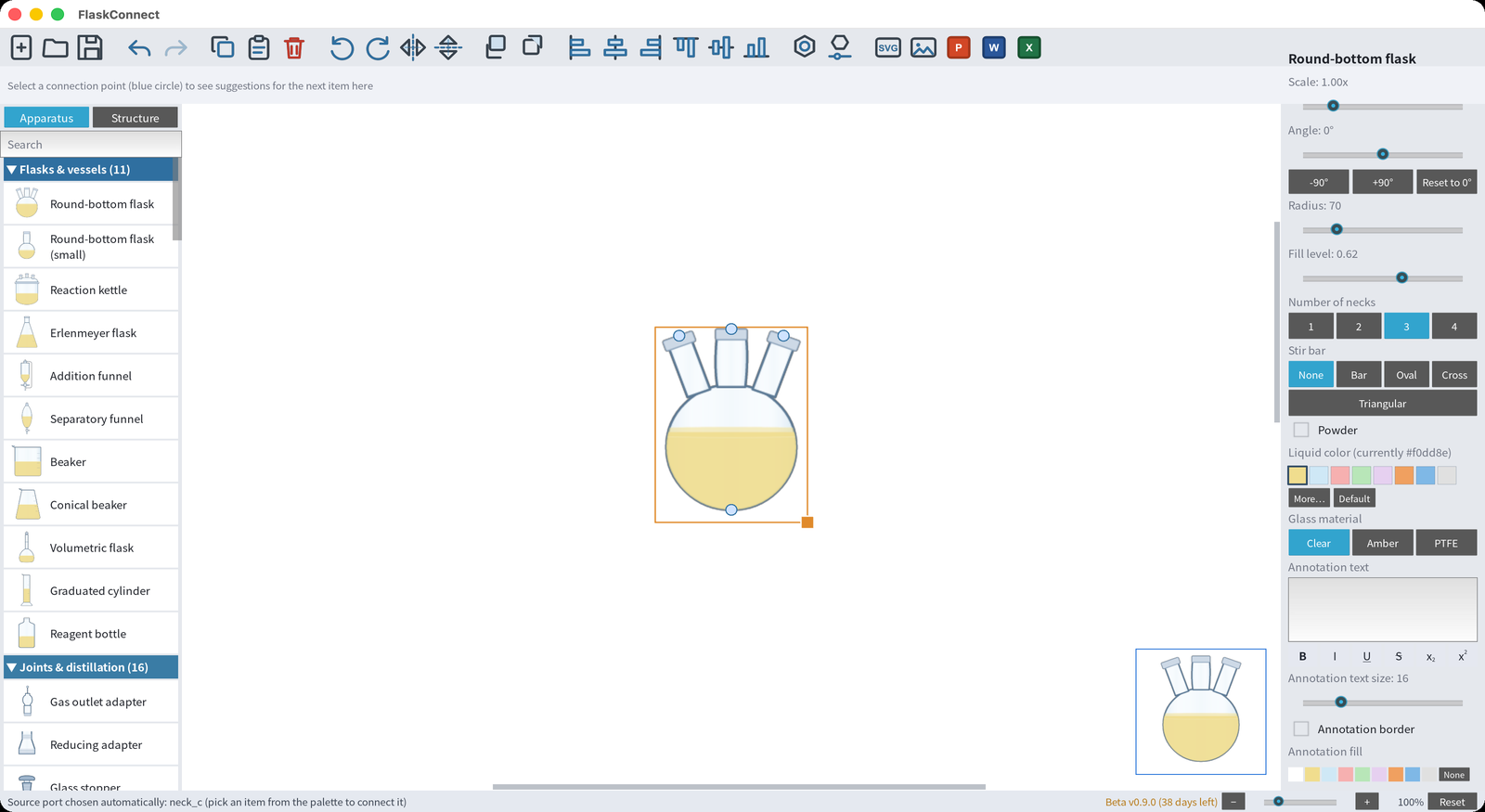 Clicking Round-bottom flask in the palette places it on the canvas