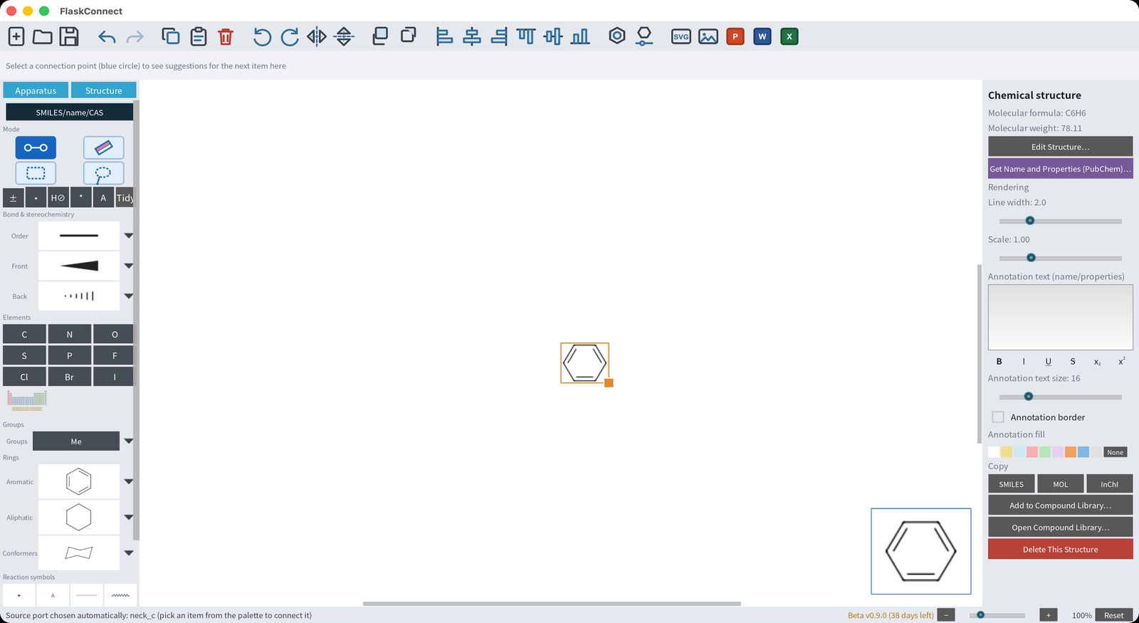 Benzene placed from the Structure tab